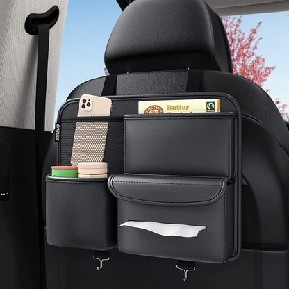 Premium Leather Car seat Organizer. Storage Box, Tissue Box and Cup Holder