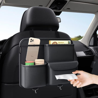 Premium Leather Car seat Organizer. Storage Box, Tissue Box and Cup Holder