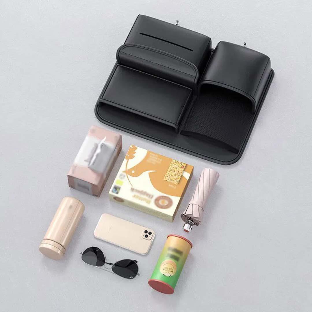 Premium Leather Car seat Organizer. Storage Box, Tissue Box and Cup Holder